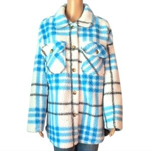 Woman's Blue & White Plaid Sherpa Shacket  mySTYLE SZ XL